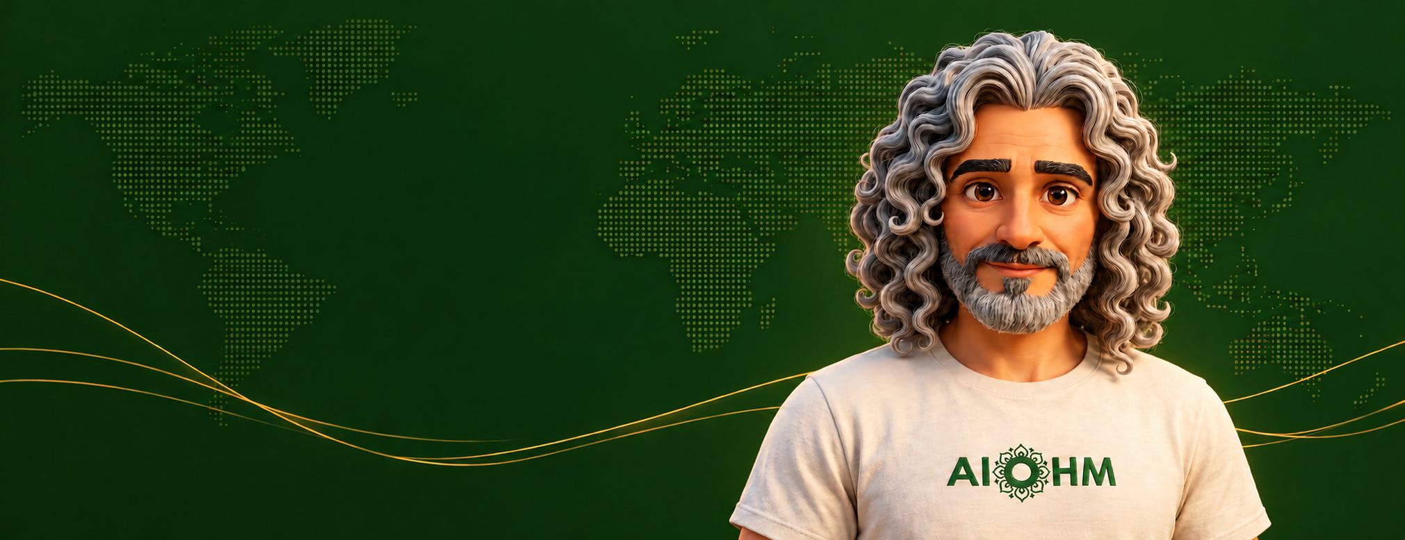 AdiSaan, Adrian’s silver-haired avatar, against a green world map